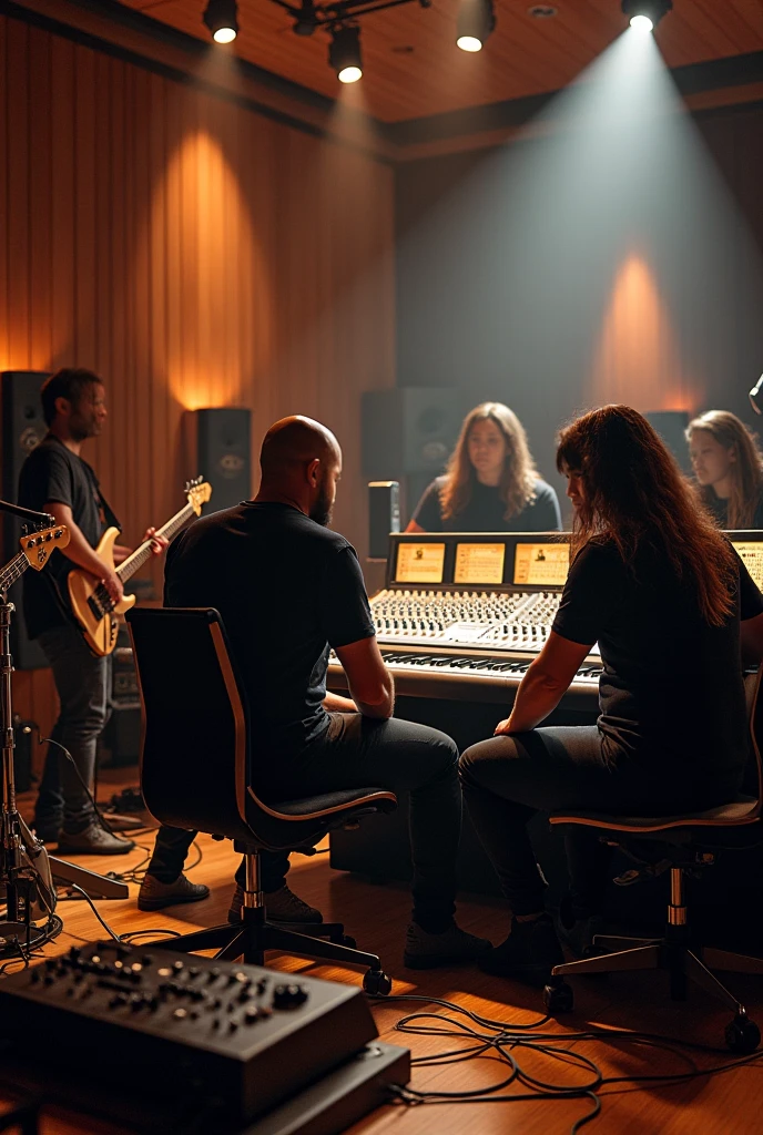 A male keyboardist, a male drummer, a male bassist, and three female singers are playing in a control room of a professional recording studio, where you can see the console and monitors.