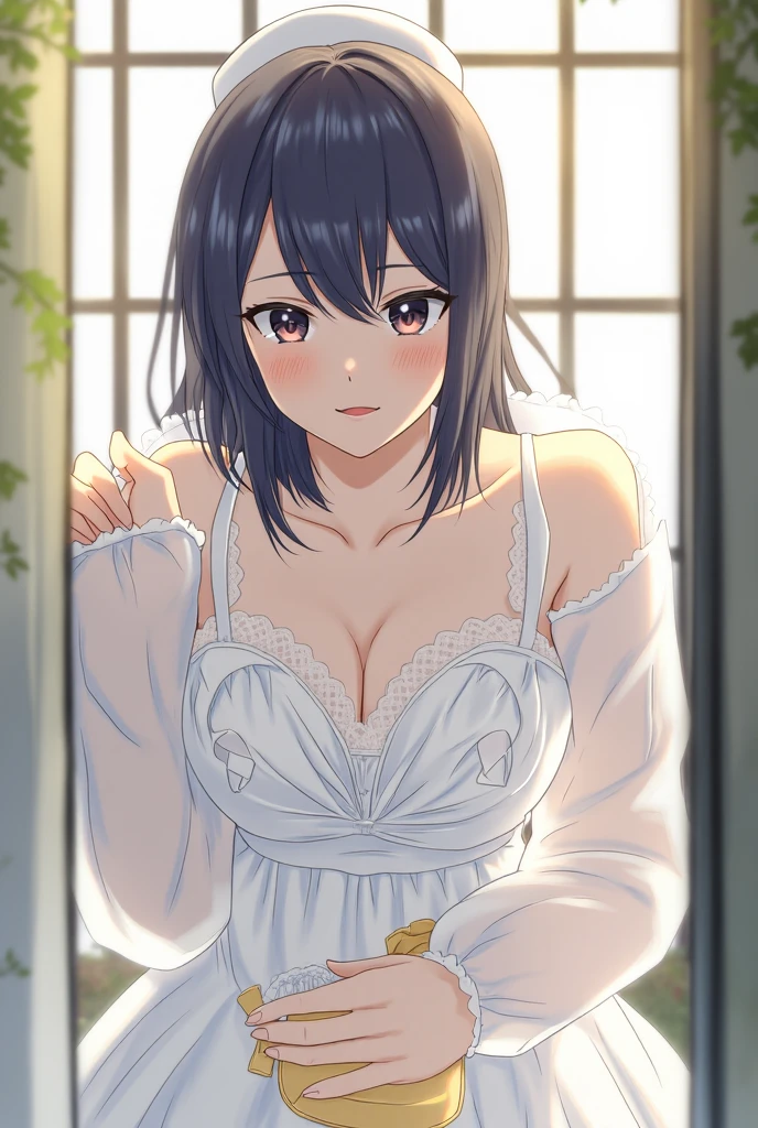 (highest quality, 8k, High resolution, masterpiece:1.2), Anime art style, Hyper Detail, himeragi yukina, Brown eye, Black Hair, Hair between the eyes, Medium Hair, 1 girl, Perfect Face, eye_Light_big,Small medium breast, Soft impression, alone, (clothing store, fitting room, Open the curtains, one-piece dress, blush, smiling), Cowboy Shot, dutch angle, looking at viewer,