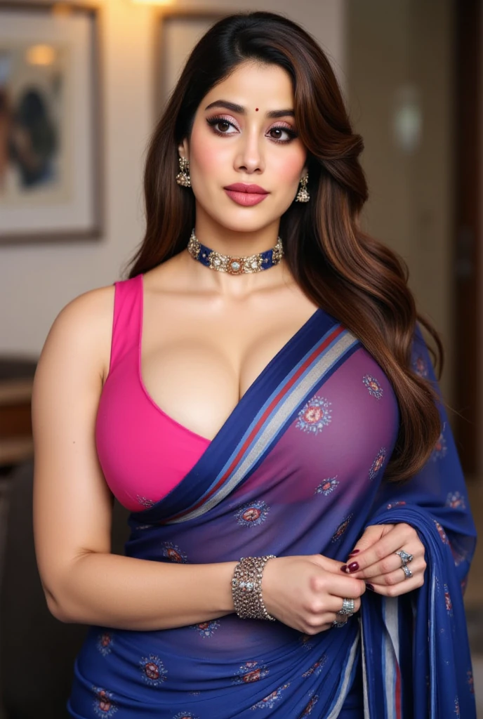 night scene, close up photo of aishwarya rai, eating banana, large breasts, chubby cheeks, seductive face, wearing saree, cleavage show, look at a camera and smile, black ponytail hair, (blue eyes:0.8), cute adult face, 40 yo, soft volumetric lights, (backlit:1.3), (cinematic:1.3), intricate details, (ArtStation:1.2)