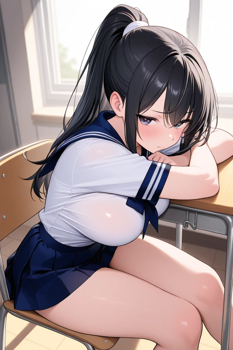 (((masterpiece, Highest quality, High resolution, 超High resolution, Pixel perfect, Written boundary depth, 4K, About RTTX10.0))), Beautiful Anime Women, Beautiful art style, Anime characters, ((Smooth texture, Realistic texture, Anime CG Style)), Exact finger count、Exact number of legs、(Exact number of arms:1.0, Exact number of hands:1.0), (Perfect hands, Perfect Anatomy), Cinematic, Realistic, Highly detailed CG, Daytime lighting, Perfect lighting, Best Shadow, The best natural light, whole body, Perfect body, (Slender body:1.2), whole body, ((bangs, Dark brown hair, Bobcut)), ((One woman is kneeling, looking up and gazing open-mouthed., sleep:1.4)), ((Beautiful eyelashes)), ((Detailed face, Blushing:1.2)), ((Beautiful and large breasts)), (Amazingly beautiful girl), (School classroom:1.3), (Fashionable white shirt, Sailor collar, Navy blue sailor suit, Knee-high socks, Navy pleated mini skirt:1.3), (Open your mouth wide:1.5), ((close your eyes:1)), ((cute, Sighing expression)), Breathe with your shoulders, sexual pleasure expression, Holding in pee、Patience is the limit、On the brink of climax, (Perfect Anatomy, Perfect number of arms, Perfect hands)、(cum on face, cumin mouth:1.7), Look up, A 'Phew' sound, Surprised expression, Angle from above right, (My face is covered in sticky white liquid, There is a lot of sticky in the mouth:1.7)、(fellatio:1.3)