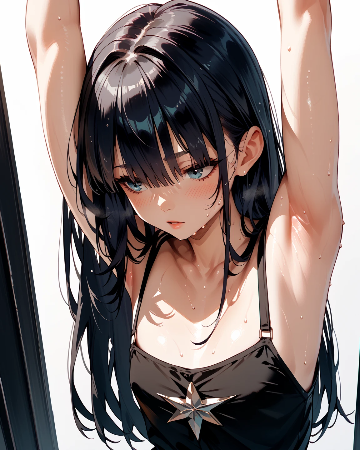 (depict girl in bondage, long black hair, straight hair), bedroom, small breasts, tired, upset, (((bondage))), (bound with ropes), (arms behind back), (ropes around chest), (Masterpiece, Excellent, complex details), delicate girl, delicate face,