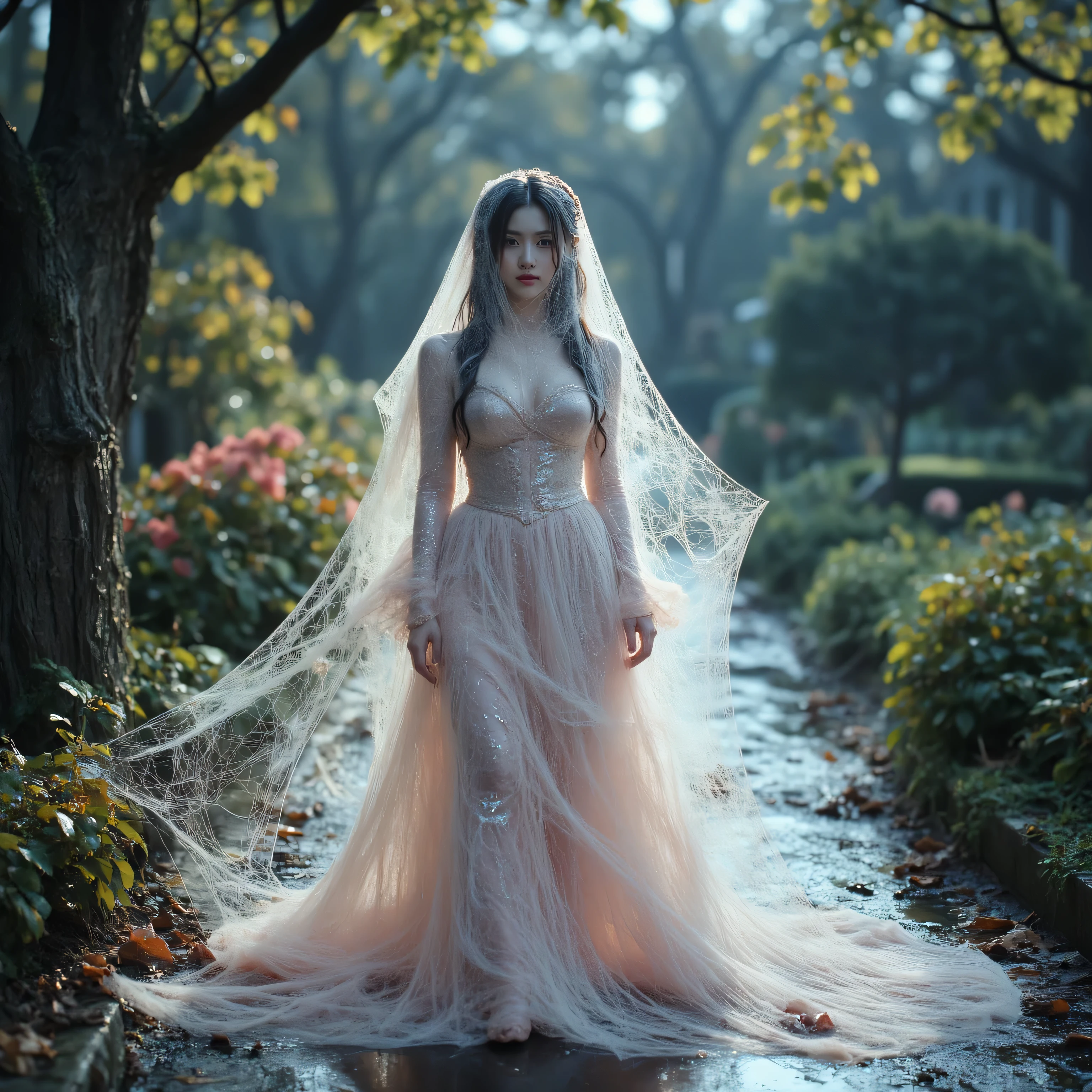 Ancient Handmaiden,flowing in pale pink tulle,Rhododendron
Night has finally come。
Moonlight falls in a secret garden,Every inch of wet petals、every climbing vine,Ghostly。
are lined with silver in the center of the garden,like a statue of a cocoon-woven shrine。
silver silk tightly entwined,full body seal,with only a thin throat that sounds。
from ankle to thigh、from navel to thorax、from neck and neck to fingertip — every skin is enveloped in twenty layers of transparent, mistranslating emotional envelope。
Fine threads like wedding dresses,drooping at the feet,
All the threads in the garden,gathers to him,A pod of prey interwoven into a spider。