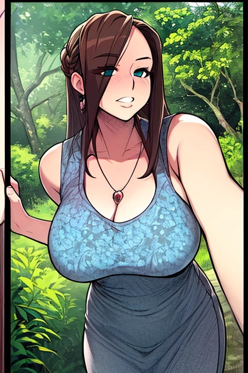1girl, pov, paizuri, 1boy, penis between the breasts, breasts squeezed together, , wet penis, tank top, a secret tittyfucking with my childhood friend, hiding behind the bushes, , happy, caterpillar on the leaf, dew drop