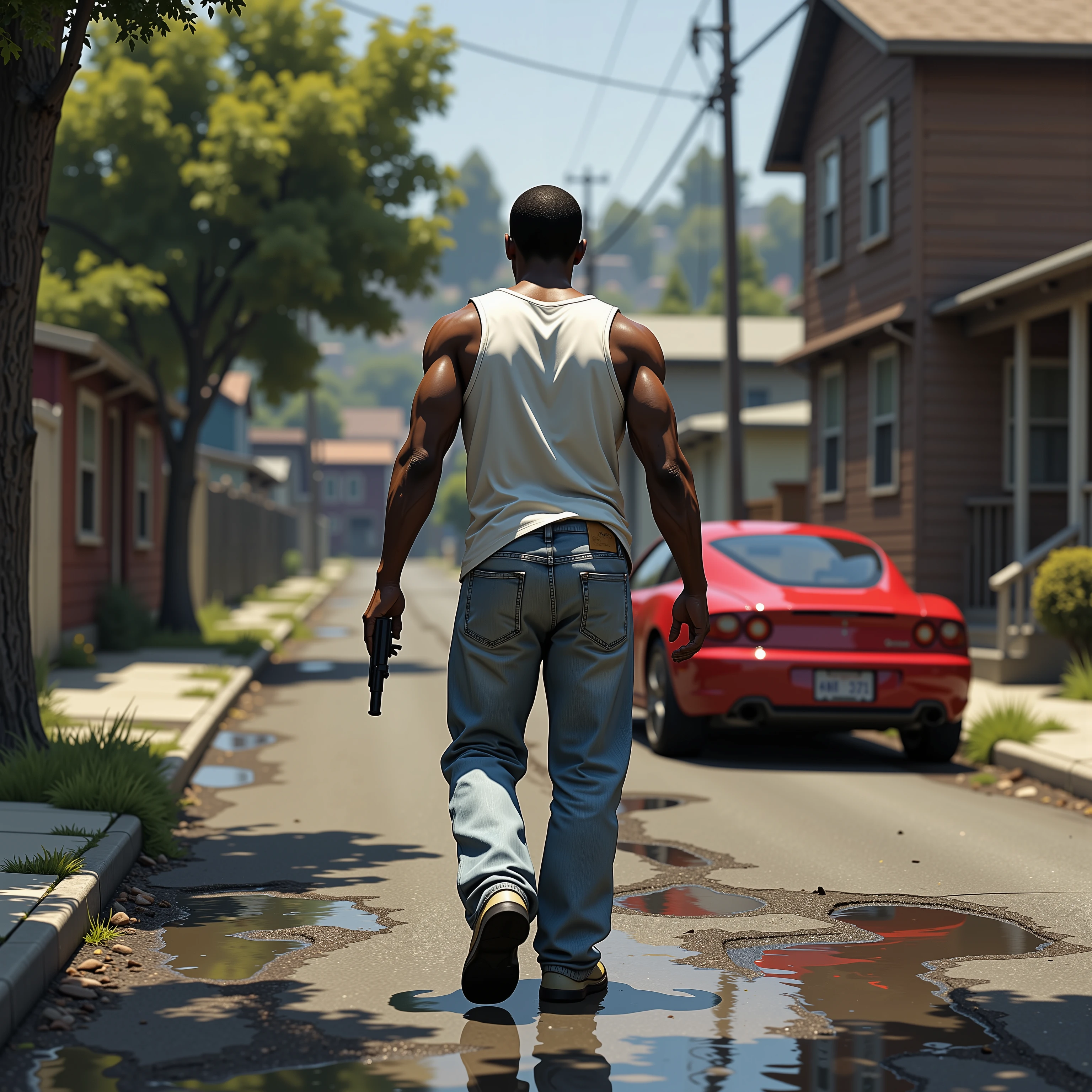 Dark-skinned male, mid-20s, wearing a plain white tank top and light-wash blue jeans, walking away from camera, carrying a handgun.  Urban street scene with a red sports car parked in the street, and puddles reflecting the surroundings.  Residential neighborhood with weathered wooden houses, muted colors in the mid-tone range.  Sunny day with visible light reflections, creating a realistic atmosphere.  Puddles on the ground are detailed with various textures and reflections, showing depth of field.  Low-poly style, video game aesthetic, resembling Grand Theft Auto.  The perspective is a mid-shot, with the subject positioned in the middle ground of the image.  Focus is on the subject, with a slight shallow depth of field.  The lighting is natural, and shadows are present on the ground and the subject. The mood is calm, but a sense of anticipation is subtly implied by the subject's attire and the firearm.  Realistic, yet stylized image, with muted colors and a slightly gritty, urban feel.