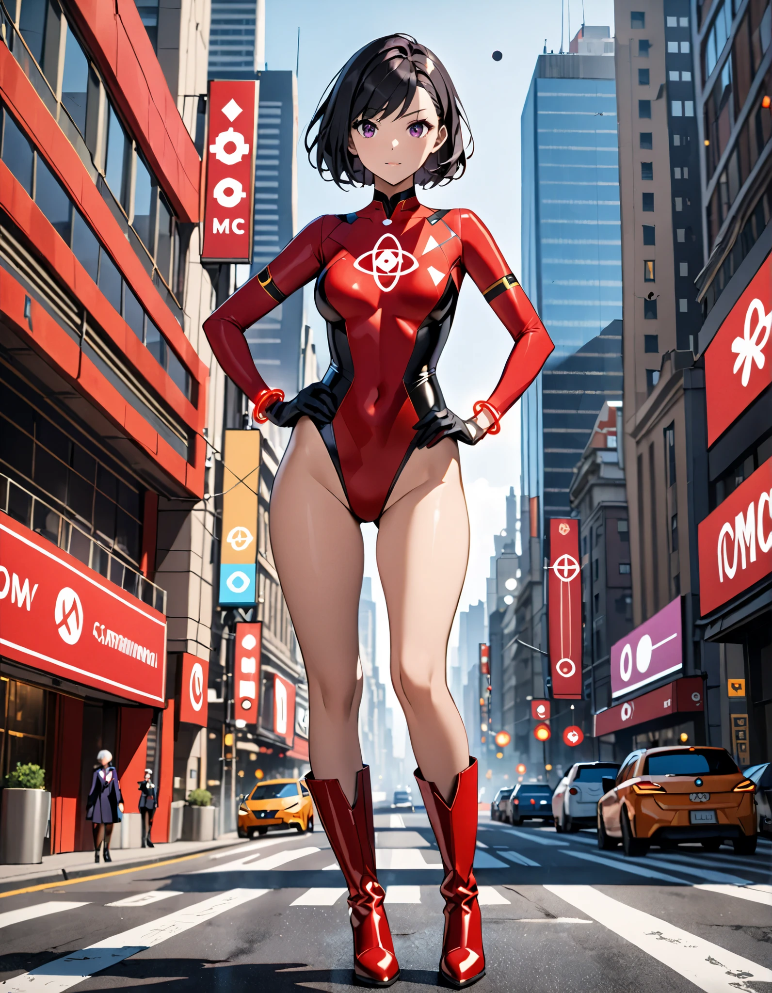 anime girl in a red and black suit standing on a city street, extremely detailed artgerm, style artgerm, style ivan talavera and artgerm, krenz cushart and artgerm, range murata and artgerm, artgerm style, in the style artgerm, ig model | artgerm, artgerm detailed, black hair, long hair, medium hair, blue eyes, (leotard), bare legs, matching boots and gloves, superhero, bracelets, solo, solo focus, (silver (v) (symbol) on chest).