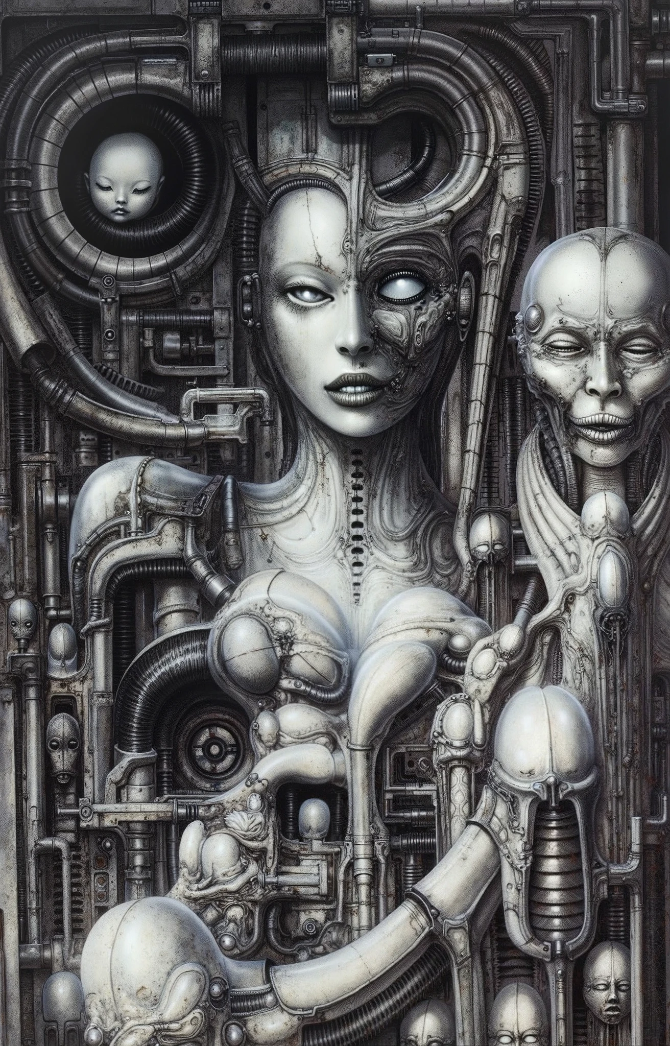 Create a biomechanical surrealist composition in the style of H.R. Giger, emphasizing an intimate, enclosed environment constructed from a dense, interlocking matrix of sinewy tubes, hydraulic pistons, and organic armor-like forms. The composition should follow a horizontal, womb-like curvature, drawing the viewer's gaze into the center where a stylized humanoid figure—feminine and serene—is embedded and partially fused into the surrounding machinery. Her face should be smooth, doll-like, and expressionless, emerging from a coil of dark, flexible conduit, with her body either incomplete or replaced by amorphous, ovular biomech structures.
The structural layout must be closed and compact, with every form interdependent and overlapping: large crescent-like forms embracing spherical and pod-like volumes, smaller pipework coiling into and emerging from larger vertebrae- or muscle-like shapes. Visual rhythm is created by alternating convex and concave forms, mimicking anatomy—tendons, bones, and soft tissue—integrated with mechanical components like couplings, ducts, and industrial plating.
Lighting should be minimal and dramatic, with diffuse overhead shadows and luminous uplighting reflecting softly off pearlescent, metallic surfaces—creating contrast between slick, polished tubes and matte, textured zones. Surfaces must exhibit wear: micro-pitting, scratches, and oil stains, evoking a lived-in, post-organic dystopia. The artistic style is hyper-realistic in detailing, but deeply surreal in essence—melding flesh with machine in a claustrophobic harmony. All elements should feel gestated in the same biomechanical womb, part erotic, part industrial, and deeply uncanny.
, (Proportion:1.1), , (Reflected light:1.2), Parchment, ultra detailed, intricate,, dry b (best quality:1.4), H.R. GIGER, BY GIGER