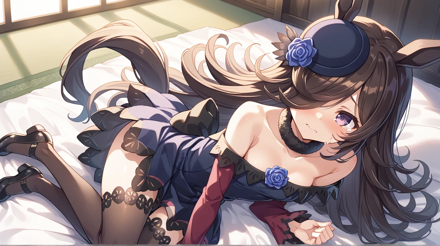 ((Biologically correct limb count))、((whole body including face))、4K、Masterpiece、((Focus on the face))、((Symmetrical, well-proportioned facial features))、Eyes with delicate depictions、(((1 person)))、Beautiful woman、Outstanding style、Slender Body、((Headband、Gothic Lolita、Blue dress、(High heels)))、(smile)、(Close-up photo of the upper body)、High angle、Look Up、Photo with white border、lie down、Prone