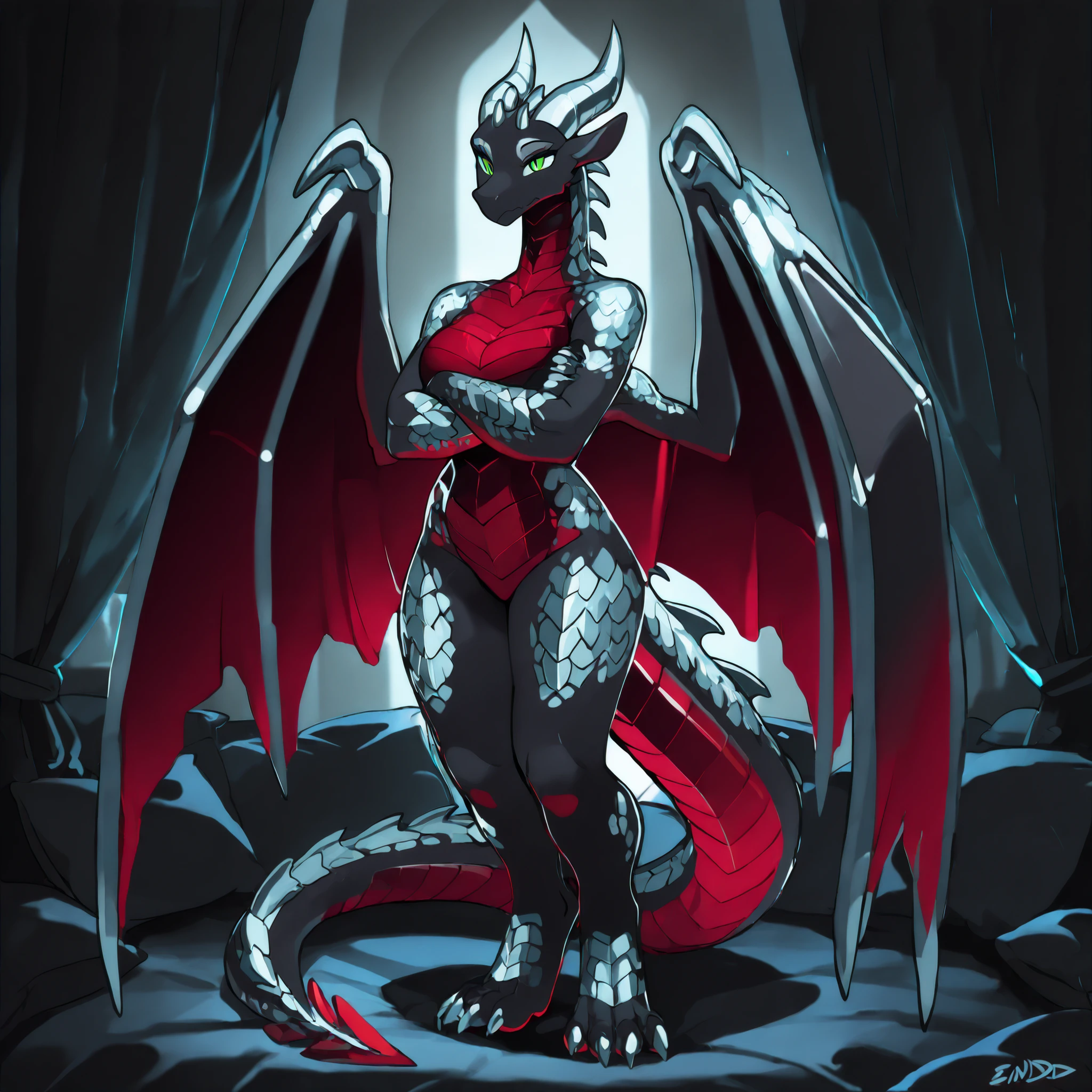 anime style, anime shading, clean lines, masterpiece, best quality, full body picture, centered, enderdragon, dragon, female dragon, 1girl, long horns, wings, claws, tail, green eyes, perfect eyes, (overlapping red chest scales), slender body, dark silver scales, silver horns, tall, ()in a dark bedroom), standing, arms folded