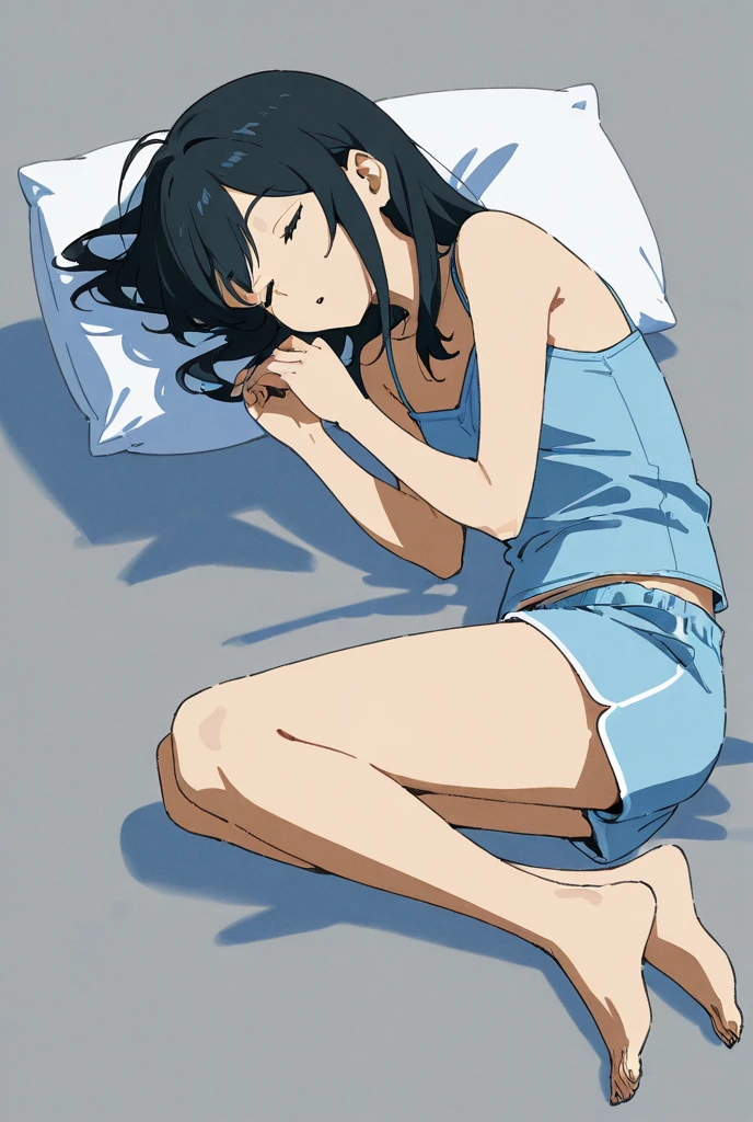 Anime woman sitting on a bed with bare feet, feet, legs, barefoot, feet facing forward, soles of the feet, style anu