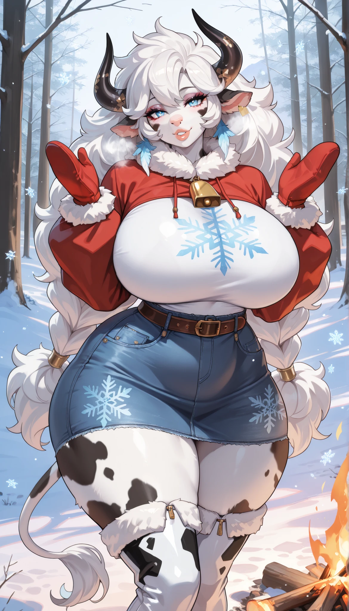 es una mujer sobrepeso de piel blanca, blue eyes and robust build, big chest, long hair, voluminous and grayish blue in color. Lleva un gran gorro de color blanco, from which a large lock of hair protrudes that covers part of her face. Her pants are wearing grayish-blue stockings with snow motifs and white high-heeled boots. She is wearing a black bra.