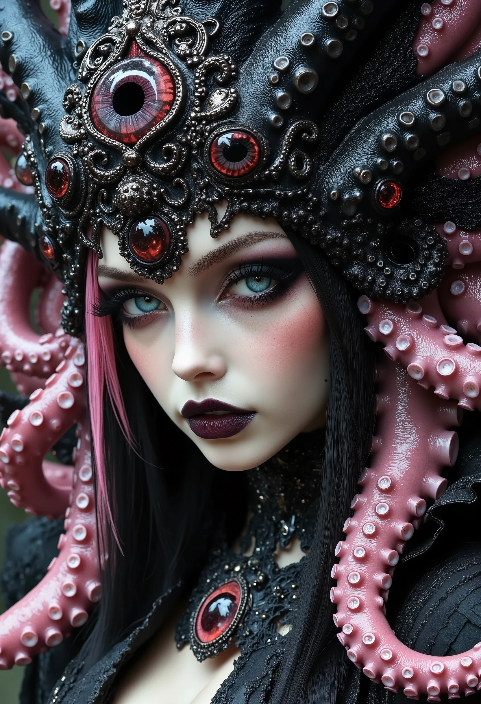 A beautiful young woman with pink and black hair wearing an octopus hat, in an elaborate, resembling an octopus, headdress in the style of intricate gothic portraits, Dark fantasy, and dark art. This award-winning high-resolution photo shows a breathtaking and visually striking image