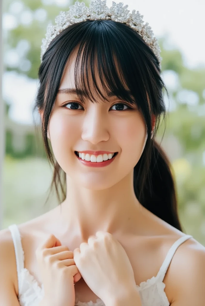 ((bestquality)), ((masterpiece)), (Detailed), perfect face,Small eyes,The nose looks sharp and sharp.,small mouth,pretty smile,Japanese girls have very long hair with white and purple highlights.,naked