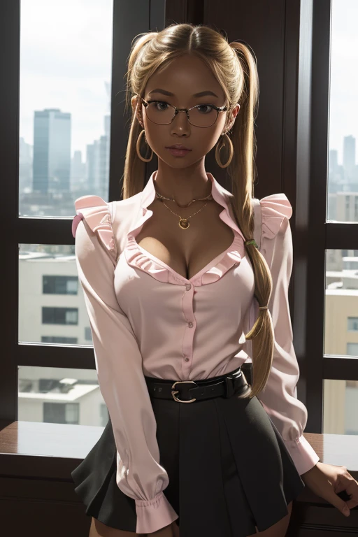 (masterpiece), best quality, expressive eyes, perfect face, front lighting, (inside office with window and city background), (standing), (happy face), (cleavage view), (1girl, milf, Lucy Liu, kuro gyaru, gyaru, ganguro, dark skin, tan skin, tanned skin, tanned, tan, white-blonde hair, white-blonde hair, white-blonde hair, twin curly pigtails hairstyle, hazel eyes, hourglass figure, thin body, skinny body, petite_body, medium breasts, wide hips, thick thighs), (pink button shirt, long rolled-up sleeves, exposed cleavage, white skirt, jewelry, necklace, bracelets, earrings, eye glasses),