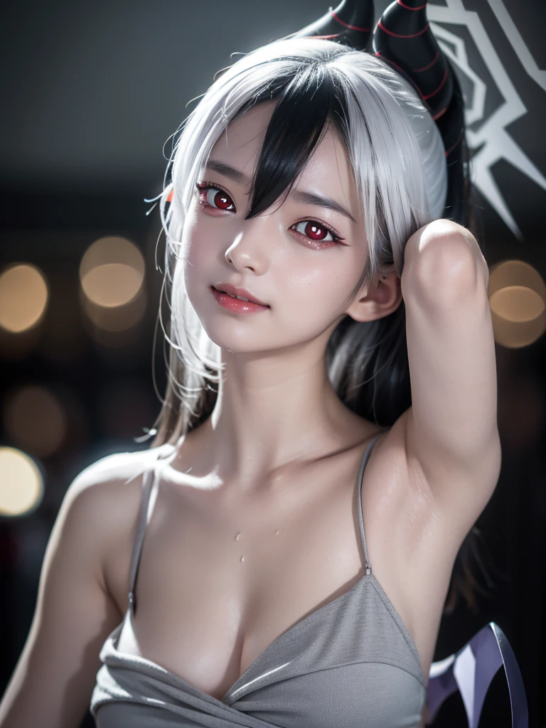 (close up:1.4), (RAW Shooting:1.2), (Reality:1.4), (masterpiece:1.3), (Highest quality:1.4), (bikini:1.3), White knee socks, swimsuit, flat chest, White hair, Black Hair, Colorful Hair, short hair, Straight Hair, White hair long braid, Glowing red eyes, Red X pupil, (focus, full-body shot, Smile)