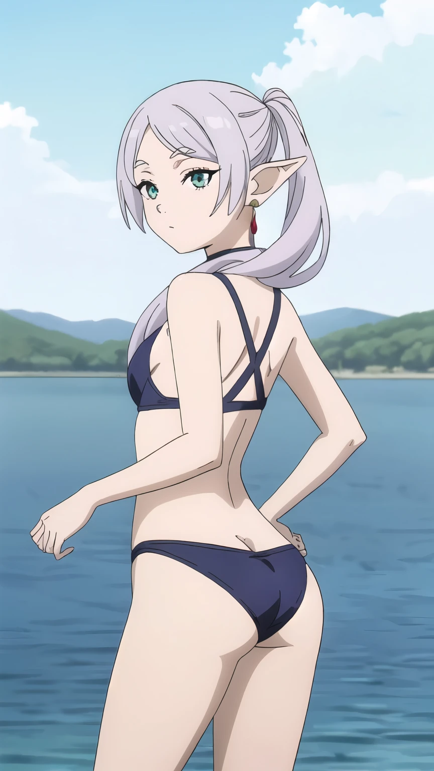 Waterfalls High level image quality best image quality 8K adult woman background a lake in the middle of jungle outside more colors whole body view portrait wearing dark pink bikini white horn ears short hair((shortcut)(gray hair)(perm)(fluffy)) eye color is blue , , attractive evil face , smile , sexy pose , labrynth , barearm , both arms on back , wearing pink , one leg on rock , standing , view from back ,