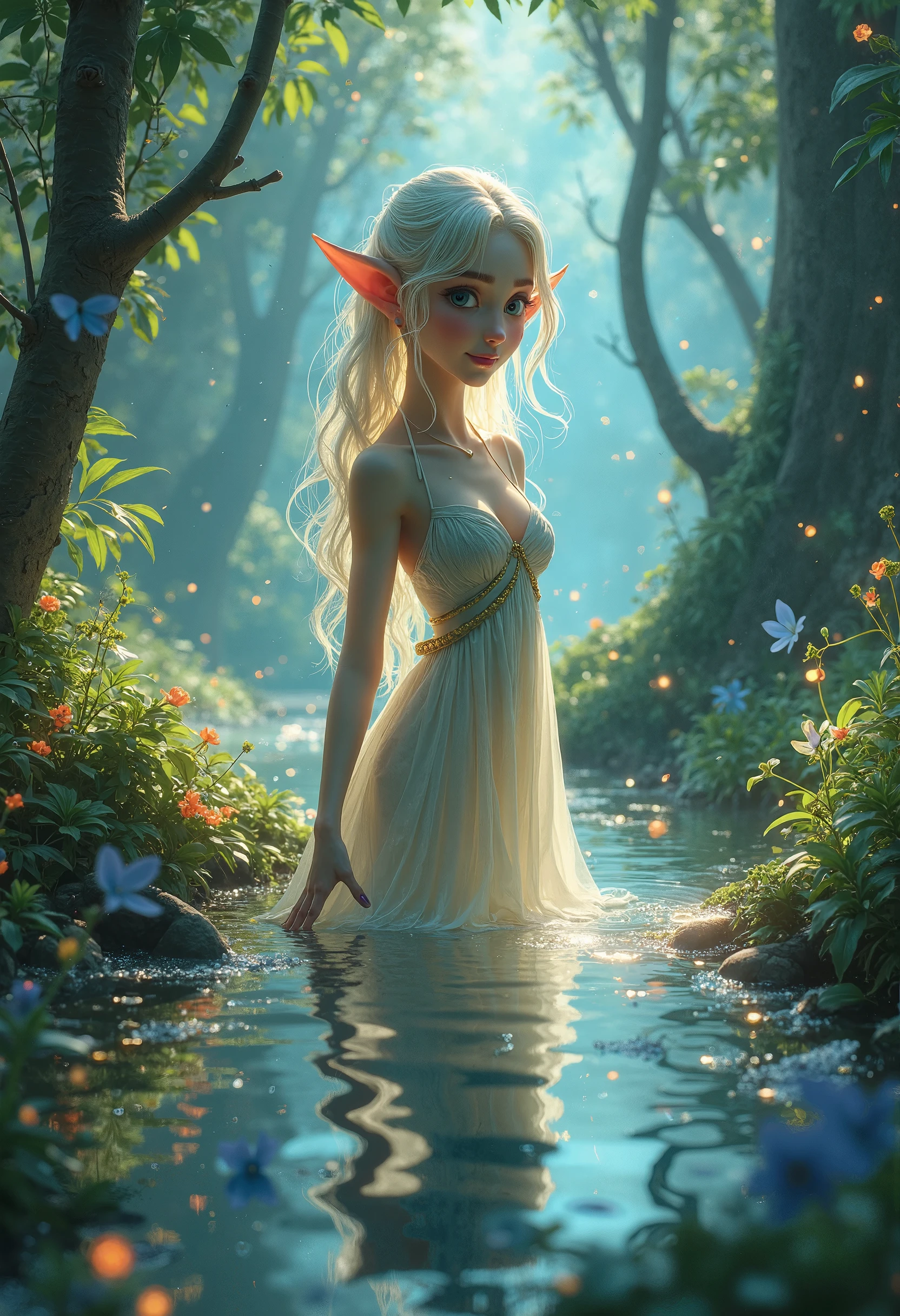 a woman with long blue hair hair and elf make-up stands in a stream, 4k fantasy art, detailed fantasy digital art, hyper-realistic fantasy art, Realistic fantasy artwork, beautiful fantasy art, HD-Fantasy-Kunst, detailed fantasy art, realistic fantasy painting, very beautiful fantasy art, digital art fantasy art, 4k highly detailed digital art, Detailed digital art in 4K, amazing fantasy art