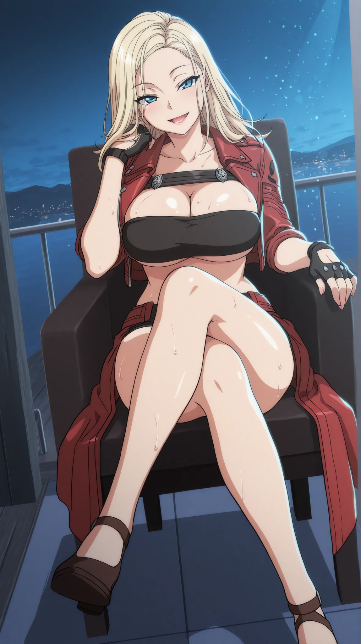 masterpiece, best quality, amazing quality, very aesthetic, absurd, latest, landscape, anime screenshot, dutch angle, reina, (dante's outfit), 1 girl, reina kurashiki, alone, light blue eyes, blonde hair, long hair, big breasts, looking at viewer, slight smile, contrast, looking at viewer, seductive smile, anime coloring, expressive, sexy pose, full body, cleavage, steamy, wet, long hair, big breasts, smiling, masterpiece, best quality, adult, pause, alone, full body, pause, high quality dante devil may cry outfit, dynamic lighting, tall, seductive smile, naughty, wild, looking at viewer, seductive body, sensual, light particles, open mouth, parted lips, bare legs, happy, open mouth, red coat, bandeau, fingerless gloves, pants, sitting on chair, pistols in hands, confident look