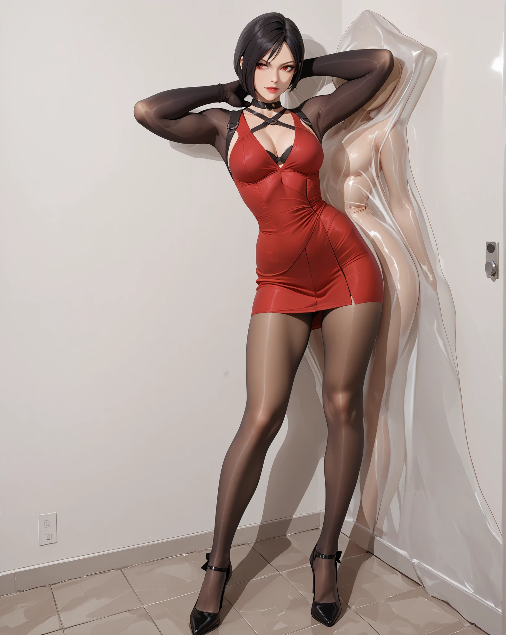 Adult person wearing red leggings:1,Red crop top:1, high quality,4k, full body,small size breasts,
