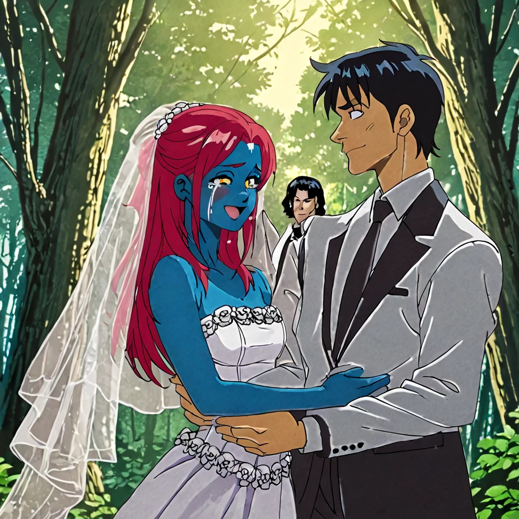 Marvel's mystique in a wedding dress, hugging two s and a Latino with short black hair, wearing a white and black suit standing next to them. Smile, Happy, Happy Tears, Anime, Anime Style, Forest wedding scenery, Two s hugging their stepmom, blue skin, red hair, yellow eyes