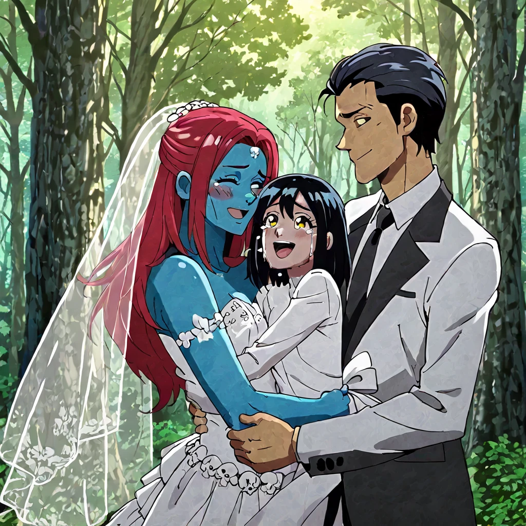 Marvel's mystique in a wedding dress, hugging two s and a Latino with short black hair, wearing a white and black suit standing next to them. Smile, Happy, Happy Tears, Anime, Anime Style, Forest wedding scenery, Two s hugging their stepmom, blue skin, red hair, yellow eyes