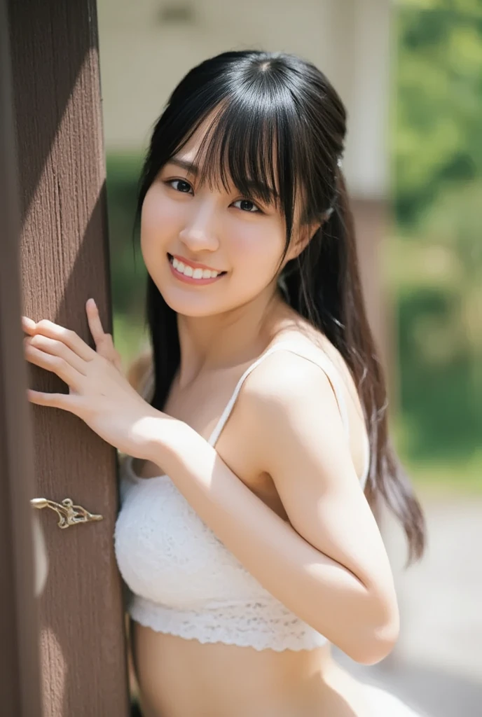 ulzzang -6500-v1.1, (Raw photo:1.2), (Photorealsitic), a beautiful detailed girl, (Real: 1.4), ighly detailedな目と顔, beatiful detailed eyes, (school sports class), huge filesize, hight resolution, ighly detailed, top-quality, [​masterpiece:1.6], illustratio, ighly detailed, nffsw, finely detail, top-quality, 8k wallpaper, Cinematographic lighting, selfee、Instagram、1girl in, 17 age, perfect body type, cute droopy eyes beautiful big eyes、Pieckfinger, ((masutepiece)), Best Quality, 1girl in, eye shadow, Upper body, Portrait, ((FULL BODYSHOT:1.6))、(Very affectionate smile:1.2)、