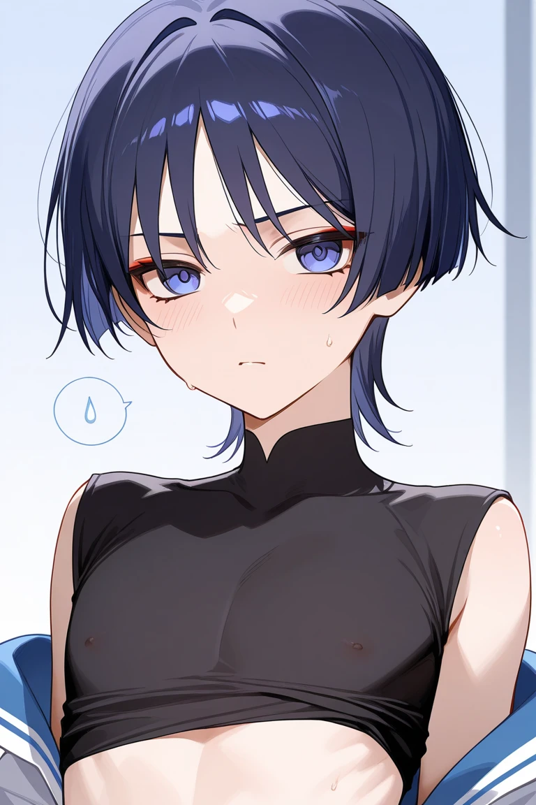 with short hair and small breasts naked, with a blushing face