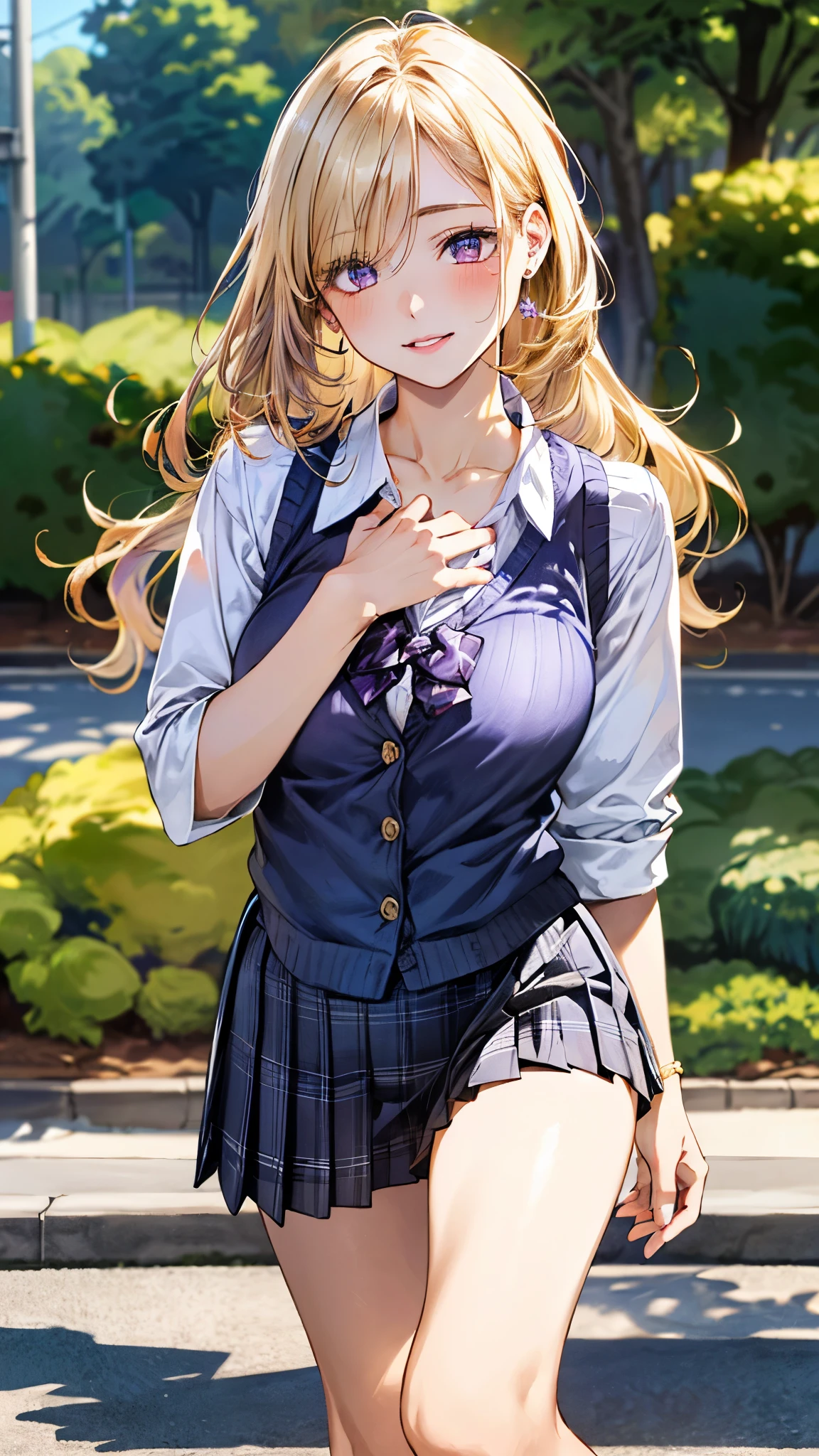 (masterpiece:1.2, top-quality), (realistic, photorealistic:1.4), beautiful illustration, (natural side lighting, movie lighting),
looking at viewer, cowboy shot, front view, 1 girl, japanese, high school girl, perfect face, cute and symmetrical face, (suntan, tanline),
(middle hair, wavy hair, blond hair), blunt bangs, gold eyes, (missle breasts:0.6, seductive thighs, big ass), piercings,
beautiful hair, beautiful face, beautiful detailed eyes, beautiful clavicle, beautiful body, beautiful chest, beautiful thigh, beautiful legs, beautiful fingers,
((long sleeve white collared shirts, cleavage, navy pleated mini skirt)),
(beautiful scenery), evening, riverside, walking, (lovely smile, upper eyes),