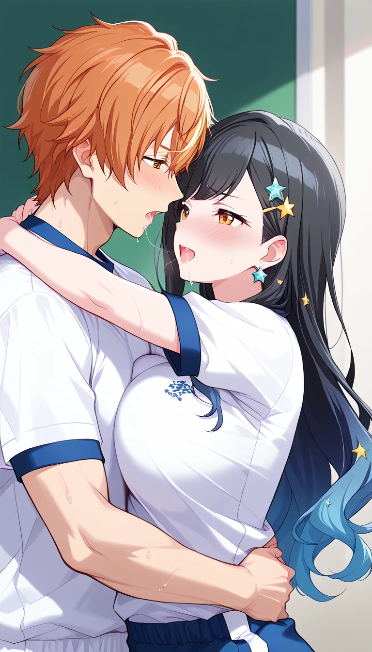 1girl and 1boy, gazing at each other, in the school Nurse's Office, upper body, hug, blush, saliva,  8k, super detail 8k, BREAK 1girl, mature female, shiraishi_an, black hair, blue hair, gradient hair, long hair, wavy hair, star hair ornament, orange eyes, big breast, (white school Gym clothes), Bloomers, BREAK 1boy, mature male, tall male, shinonome_akito , orange hair , short hair, bangs , (school Gym clothes), grabbing ass