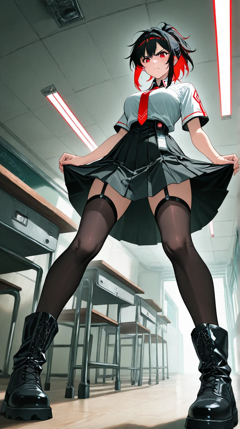 Juri Han, artwork, tight white secretary shirt with black tie, skirt short preta, skirt short,sock, Bblack hair, blackstockings,evil smile,DESK,bangs on the eyes,lighting,horn of hair,view from the bottom,looking to the down