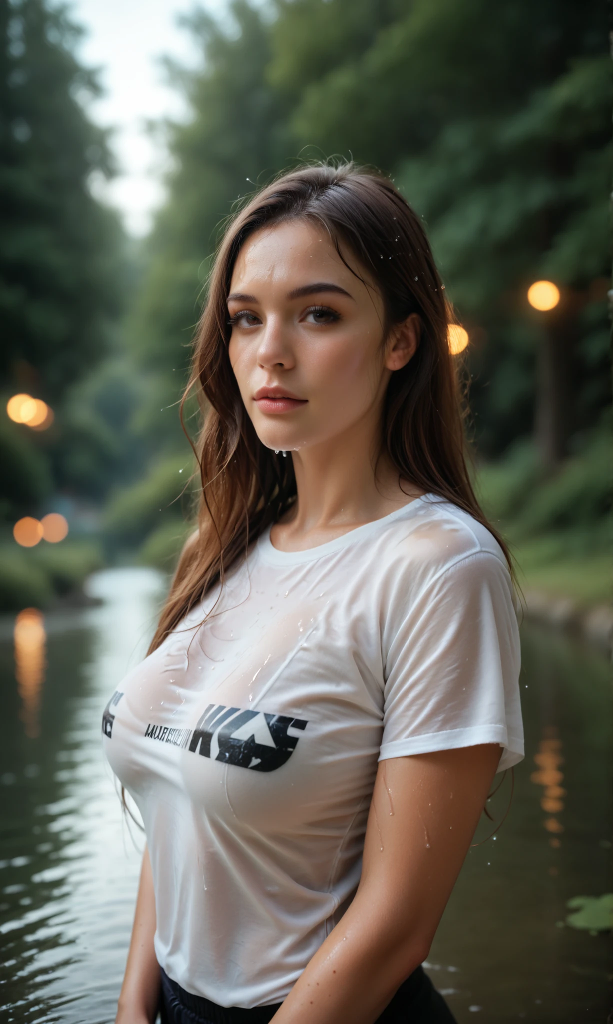 score_9, score_8_up, score_7_up, score_6_up, sharp,ultra realistic, photo realistic, 4k, long haired brunette, photo, big saggy breasts, wet t-shirt, depth of field, bokeh, black background