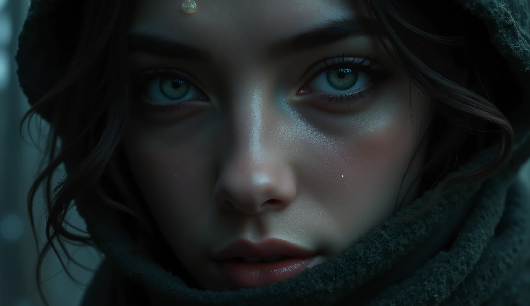 A close-up shot of a woman's beautiful black eyes, reflecting the moonlight. Her wavy hair dances gently.