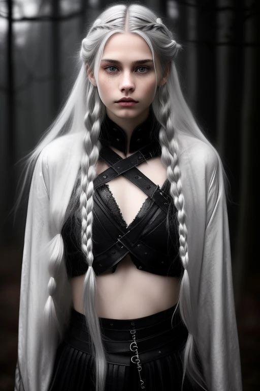Create a villain with these characteristics, braided hair in white, sculptural body, low-cut clothes