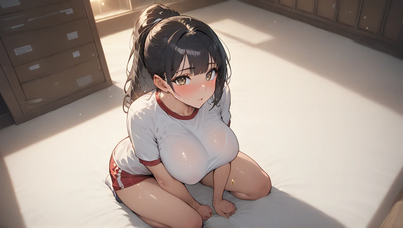 1 girl,Androgynous,two side up,big breast,black hair,red eyes,medium hair,sidelocks,Multicolored eyes,school,Gym Uniformgym shirt,spread legs,(knees up),(crotchless),(tight skin),straight-on,(legs),(feet up),masterpiece, best quality, very aesthetic, absurdres,(arms up)