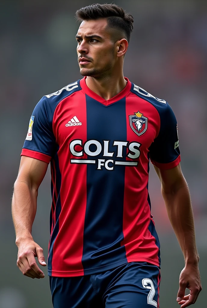 Soccer jersey with white and red colors, blue edges, with the Supertrack logo 