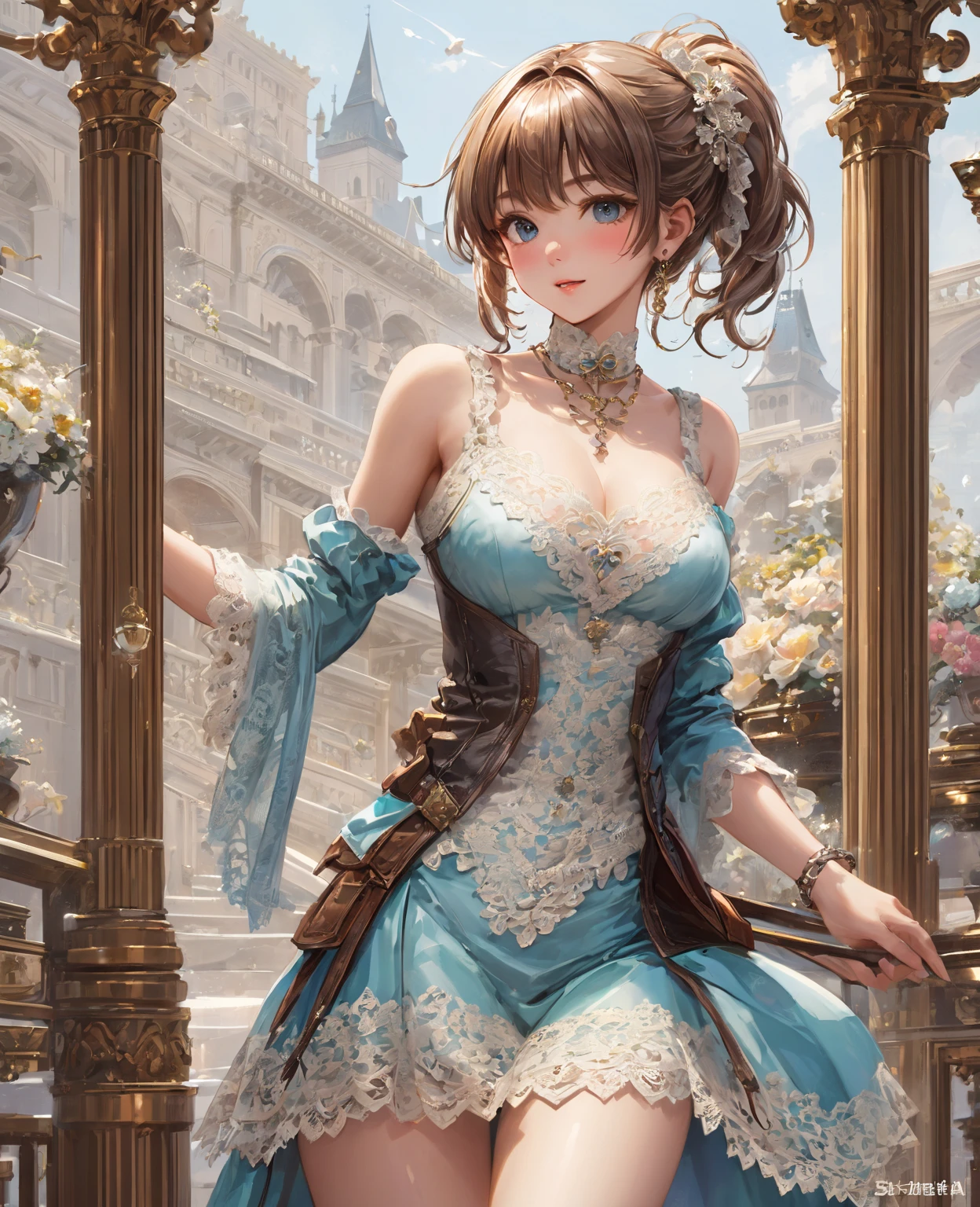 best quality, masterpiece, ultra detailed, cowboy shot,  3dmm, ink sketch, color ink, ink rendering, pastels, portrait, 
1girl, beautiful detailed eyes, (alternate hairstyle), ultra detailed hair, flowing, graceful, (charming), (delicate), pretty, cute, joyful, 
(luxurious lace dress,night star,galaxy), luxury palace, character in the center of the frame, rhythm, fantasy, (looking at viewer), 