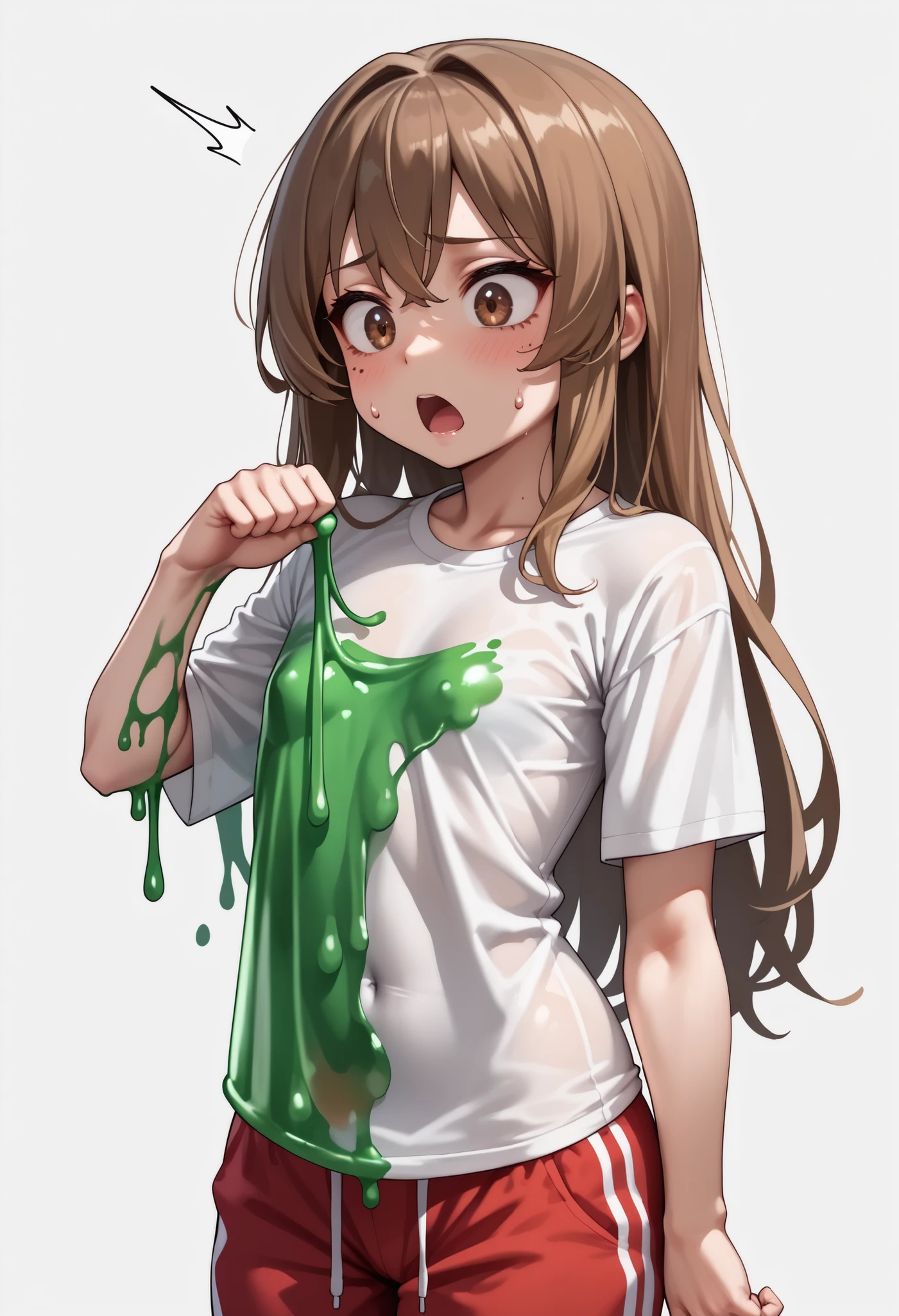 source_anime ,score_9, score_8_ up, score_7, ((White background)) ((Russian woman)) ((1girl)) (solo girl) ,30 years old, rathing_questionable (White oversized t-shirt:1.4) (Red sweatpants:1.2), brown eyes , (brown Long hair) , straight hair , ((small breasts)) , weak , unhealthy , (((very thin:1 . 4))) (Flat chest:1.4), ((Hands stained green liquid:1.4)) (Green liquid smear) surprised ,open mouth