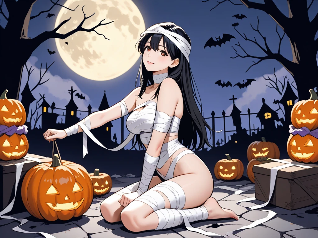 1girl , super sharp details , <lora:mummy costume by goofy ai:1> mummy costume ,naked bandage, bandages, halloween costume, halloween laterns ,detailed textures , detailed clothes , ,