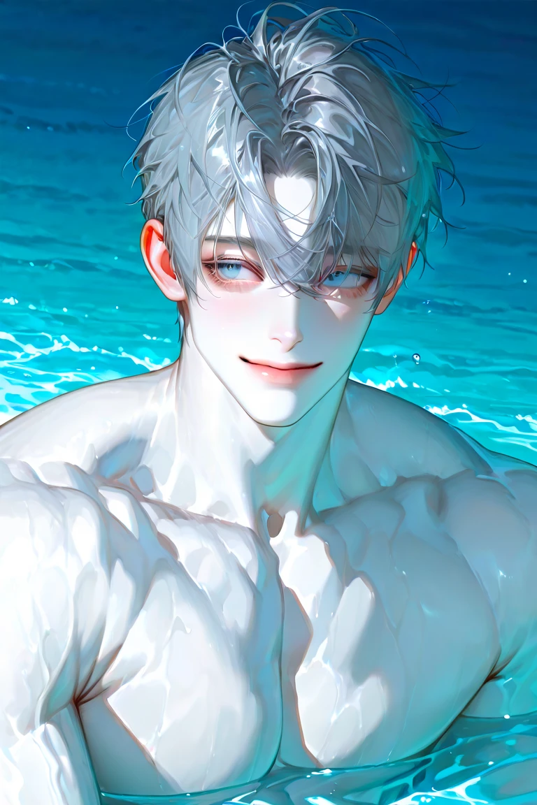 muscular, orange eyes, fangs, mature male, light blue hair spiky