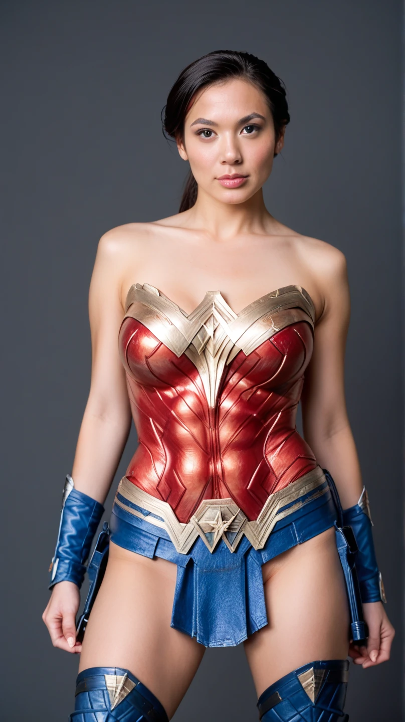 foto full badan dari rambut sampai kaki. wanita cantik. etnis sunda-rusia. rambut coklat panjang terurai. tubuh tinggi semampai. wajah berpose agak genit. sedang sesi pemotretan busana wonder woman.