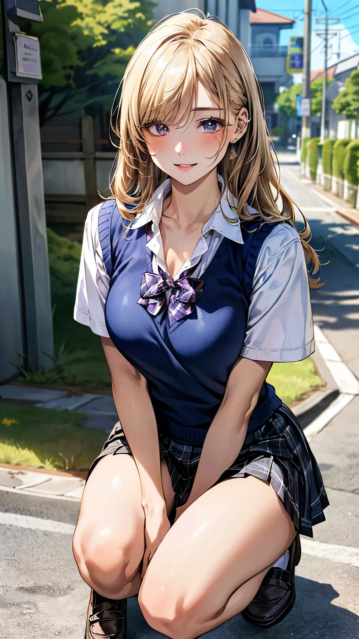 (masterpiece:1.2, top-quality), (realistic, photorealistic:1.4), beautiful illustration, (natural side lighting, movie lighting), 
looking at viewer, cowboy shot, front view:0.6, 1 girl, japanese, high school girl, perfect face, cute and symmetrical face, shiny skin, 
(long hair:1.8, side ponytail:1.7, light blond hair), parted bangs, emerald green eyes, long eye lasher, (large breasts:0.9, thick thighs), 
beautiful hair, beautiful face, beautiful detailed eyes, beautiful clavicle, beautiful body, beautiful chest, beautiful thigh, beautiful legs, beautiful fingers, 
((white collared shirts, open shirts, sleeves rolled up, violet pleated mini skirt, loose socks, brown loafers, ), shocking pink bra and panties, cardigan around waist), hoop ring earrings, 
(beautiful scenery), evening, riverside, (squatting, {hands on chest | hands between legs}), (lovely smile, upper eyes), 