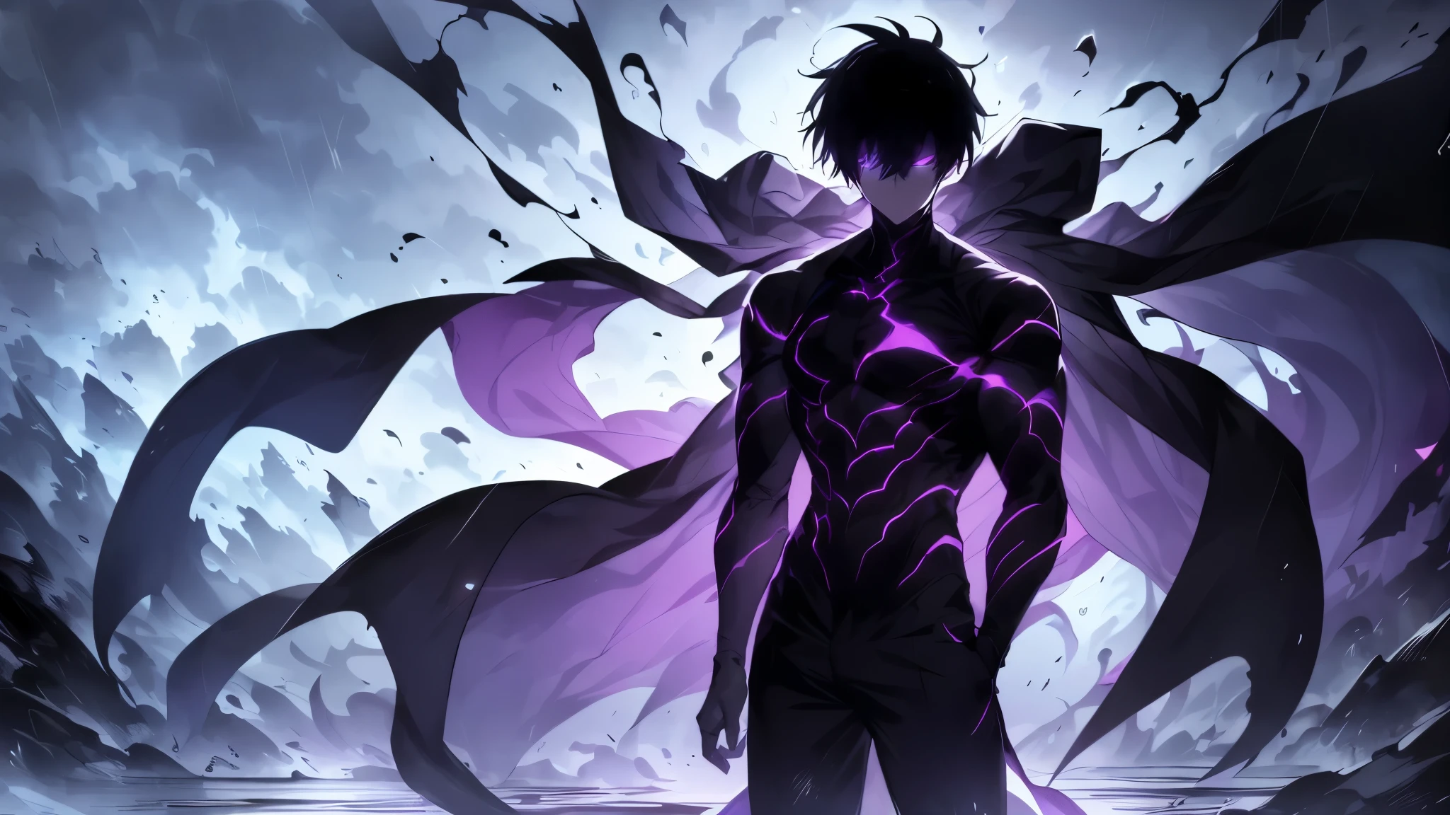 Super-detailed 8K masterpiece full-body portrait of a lone male assassin character inspired by Kaneki Ken in Tokyo Ghoul, laugh confidently, cruel, in the art style of Solo Leveling. short black hair,  glowing purple eyes,  pale skin , cinematic light, Strong depth of field. Black hood, rain drenched, standing alone in dark Tokyo cityscape. Hair partially covering the face, gaze attentively looking at the viewer, somber and dramatic expression. luxurious fabric motifs on clothes, ray tracing reflection, extremely sharp detail, high contrast shadow, serene atmosphere. Solitary focus, aesthetics of the core male protagonists, anime style with a modern touch, Strong.