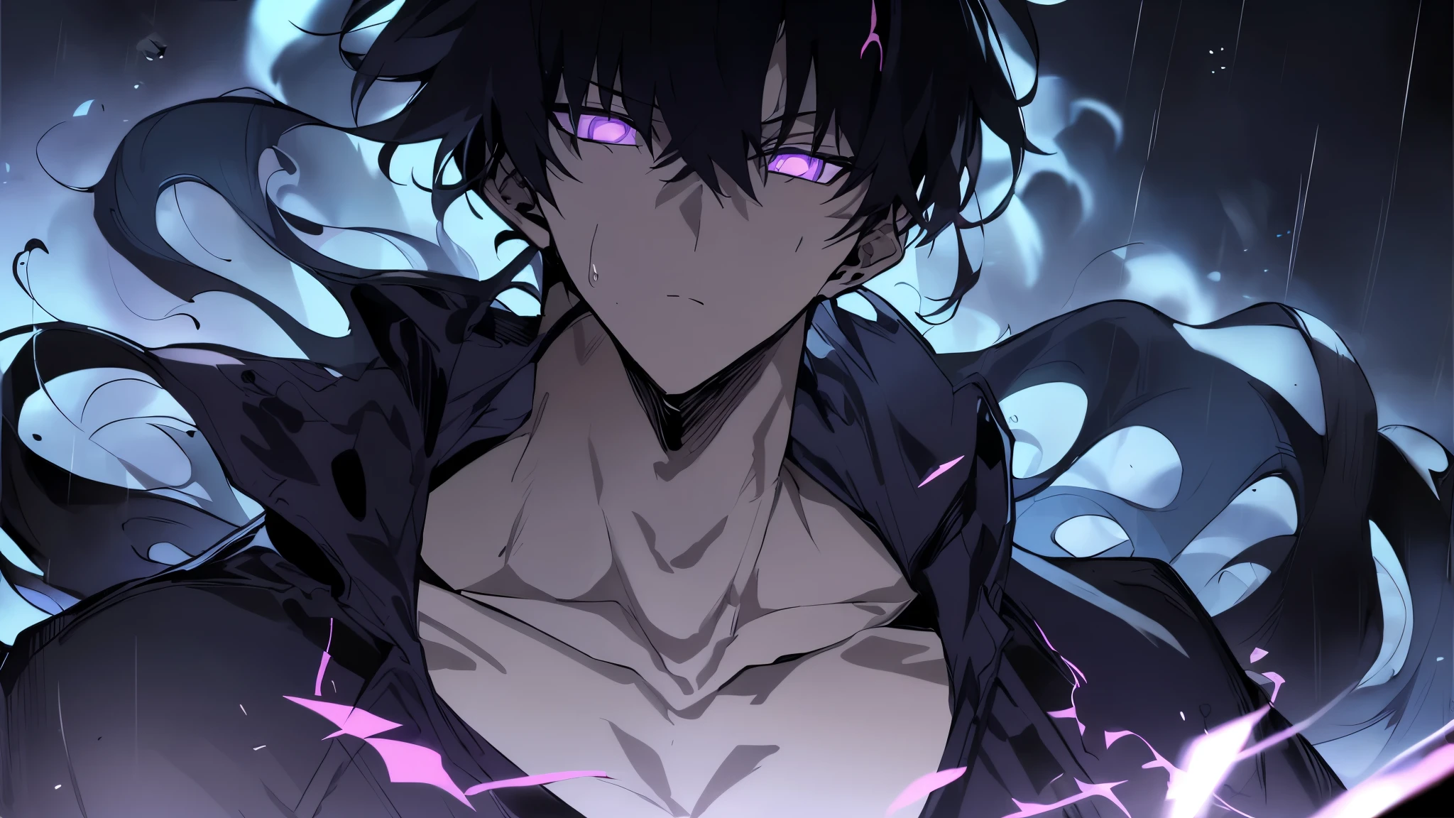 Super-detailed 8K masterpiece full-body portrait of a lone male assassin character inspired by Kaneki Ken in Tokyo Ghoul, laugh confidently, cruel, in the art style of Solo Leveling. short black hair, glowing purple eyes, pale skin , cinematic light, Strong depth of field. Black hood, rain drenched, standing alone in dark Tokyo cityscape. Hair partially covering the face, gaze attentively looking at the viewer, somber and dramatic expression. luxurious fabric motifs on clothes, ray tracing reflection, extremely sharp detail, high contrast shadow, serene atmosphere. Solitary focus, aesthetics of the core male protagonists, anime style with a modern touch, Strong.