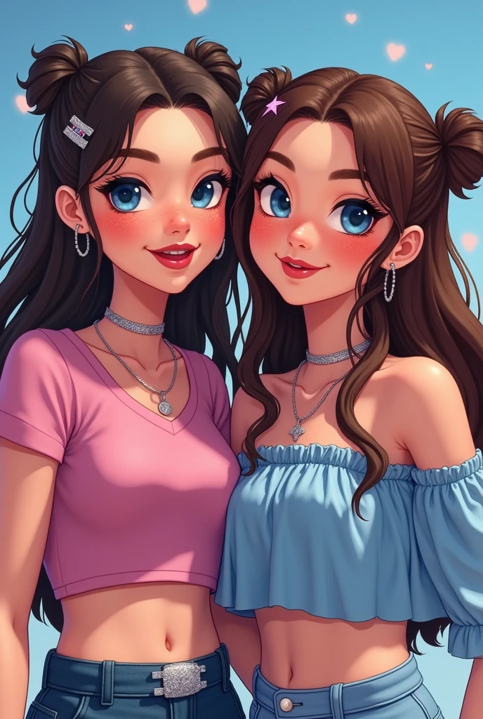 2 girls, a white-skinned girl with black eyes and glasses, With brown curls and a short white skirt, one girl is wearing a gray shirt that shows her shoulders. The other girl is brunette with long, straight black hair and black eyes, wearing denim overalls., A white top with straps and blush