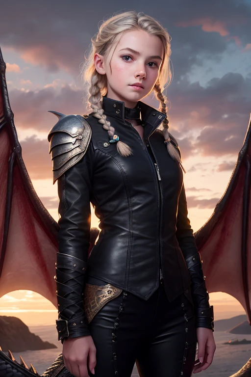 Ultra wide shot,sci-fi movie style,photorealistic,soft low contrast,soft cold lighting,pale girl,21 yo, futuristic black armored clothing, mechanical dragon wings on back,fearless impression,full lips,long curly dark blond hair,dark scene,looking on sunrise,starship in the sky,beautiful detailed face,perfect hands,small breasts,<lora:Laneya_Grace_XL:0.9>,