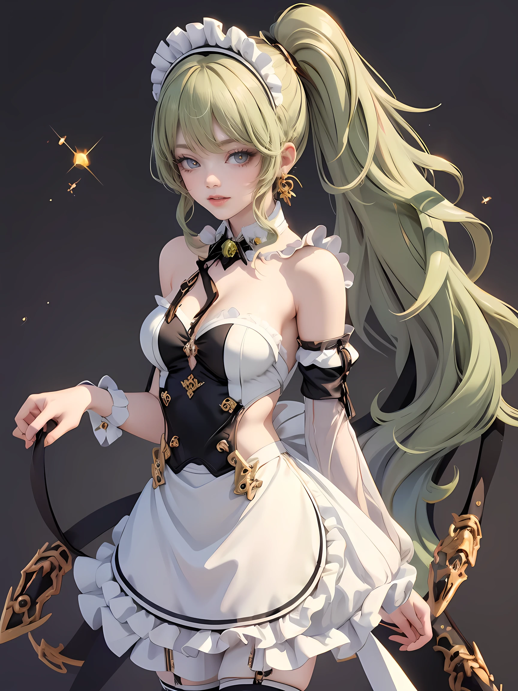 Superb Quality, Masterpiece, High Resolution, Best Quality, UHD, Super Detail, Award-Awarded, 16k, (Upper Body), A Beautiful Maiden, Gray Hair, Hair, ((Heterochromia)), Hanging Eyes, Fair Skin, (Small Breasts), (Slim Body), ((Long Skirt)), (Ribbon Collar), (Short gloves as short as half a palm)