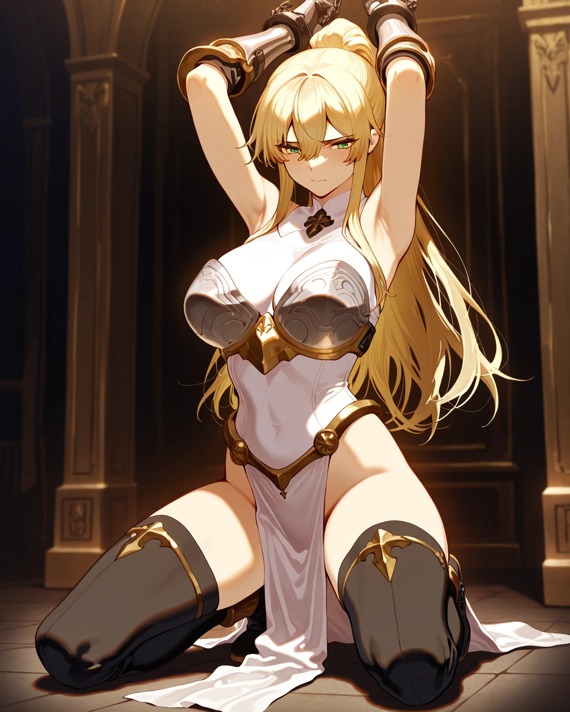 (Masterpiece:1.5), (Extremely detailed:1.5), (Best quality:1.5), (Marikawa Shizuka:1.5), cheveux blonds, cheveux longs, (yeux jaunes:1.5), (finely detailed eyes:1.9), (Extremely detailed eyes:1.9), (sexy:1.7), (clivage:1.7), ((huge poitrine:1.9)), Regarder le spectateur, corps entier, (Ultra-defined face), (Extremely detailed face:1.9), Sinueuse, (grandes hanches:1.5), beau corps, beau visage, poitrine proportion, (taille mince), (1fille:1.7), poitrine, large poitrine, extremely gigantic poitrine, (gigantic poitrine:1.6), (Femme chevalier:1.5), (armure:1.7), Fille fantastique, Chevalier fantastique, sword, (full armure:1.6), (outdoor), (Monde fantastique), Ville fantastique, (Medieval), (covered by armure:1.5)