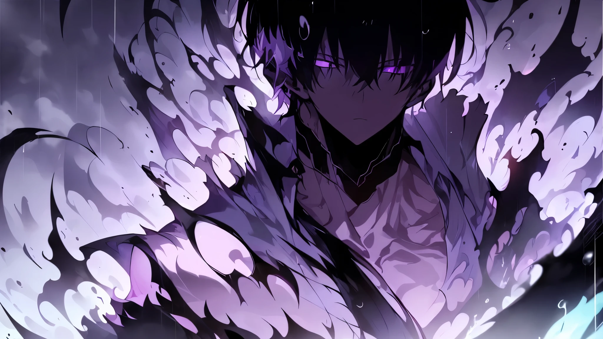 Super-detailed 8K masterpiece full-body portrait of a lone male assassin character inspired by Kaneki Ken in Tokyo Ghoul, laugh confidently, cruel, in the art style of Solo Leveling. short black hair, glowing purple eyes, pale skin , cinematic light, Strong depth of field. Black hood, rain drenched, standing alone in dark Tokyo cityscape. Hair partially covering the face, gaze attentively looking at the viewer, somber and dramatic expression. luxurious fabric motifs on clothes, ray tracing reflection, extremely sharp detail, high contrast shadow, serene atmosphere. Solitary focus, aesthetics of the core male protagonists, anime style with a modern touch, Strong.