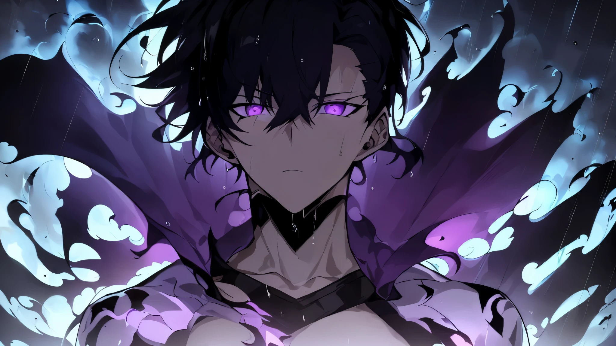 Super-detailed 8K masterpiece full-body portrait of a lone male assassin character inspired by Kaneki Ken in Tokyo Ghoul, laugh confidently, cruel, in the art style of Solo Leveling. short black hair, glowing purple eyes, pale skin , cinematic light, Strong depth of field. Black hood, rain drenched, standing alone in dark Tokyo cityscape. Hair partially covering the face, gaze attentively looking at the viewer, somber and dramatic expression. luxurious fabric motifs on clothes, ray tracing reflection, extremely sharp detail, high contrast shadow, serene atmosphere. Solitary focus, aesthetics of the core male protagonists, anime style with a modern touch, Strong.