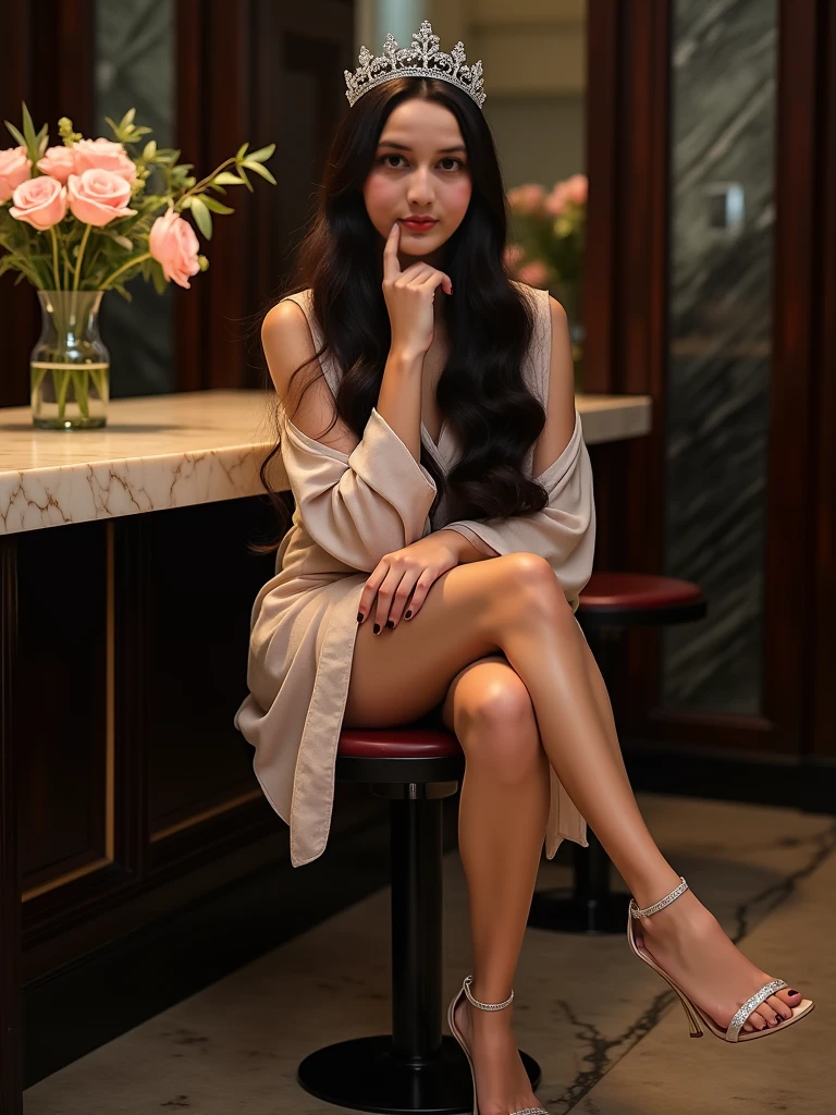 8k, RAW photo, best quality, ultra high resolution, photorealistic, realistic photo of skinny young woman sitting at the table in the restaurant, in the restaurant, (full body picture), (one person on the photo), wearing sunydress, sundress, wearing high heel shoes, high heel shoes, wearing golden necklace, golden necklace, slim face, sexy face, (tanned skin), long straight hair, black hair, looking at viewer, smirking, (extremely detailed CG unity 8k wallpaper), 8k uhd, dslr, bright lighting, high quality, film grain, Fujifilm XT3 sharp focus, f 5.6, High Detail, Sharp focus, (natural bright light)