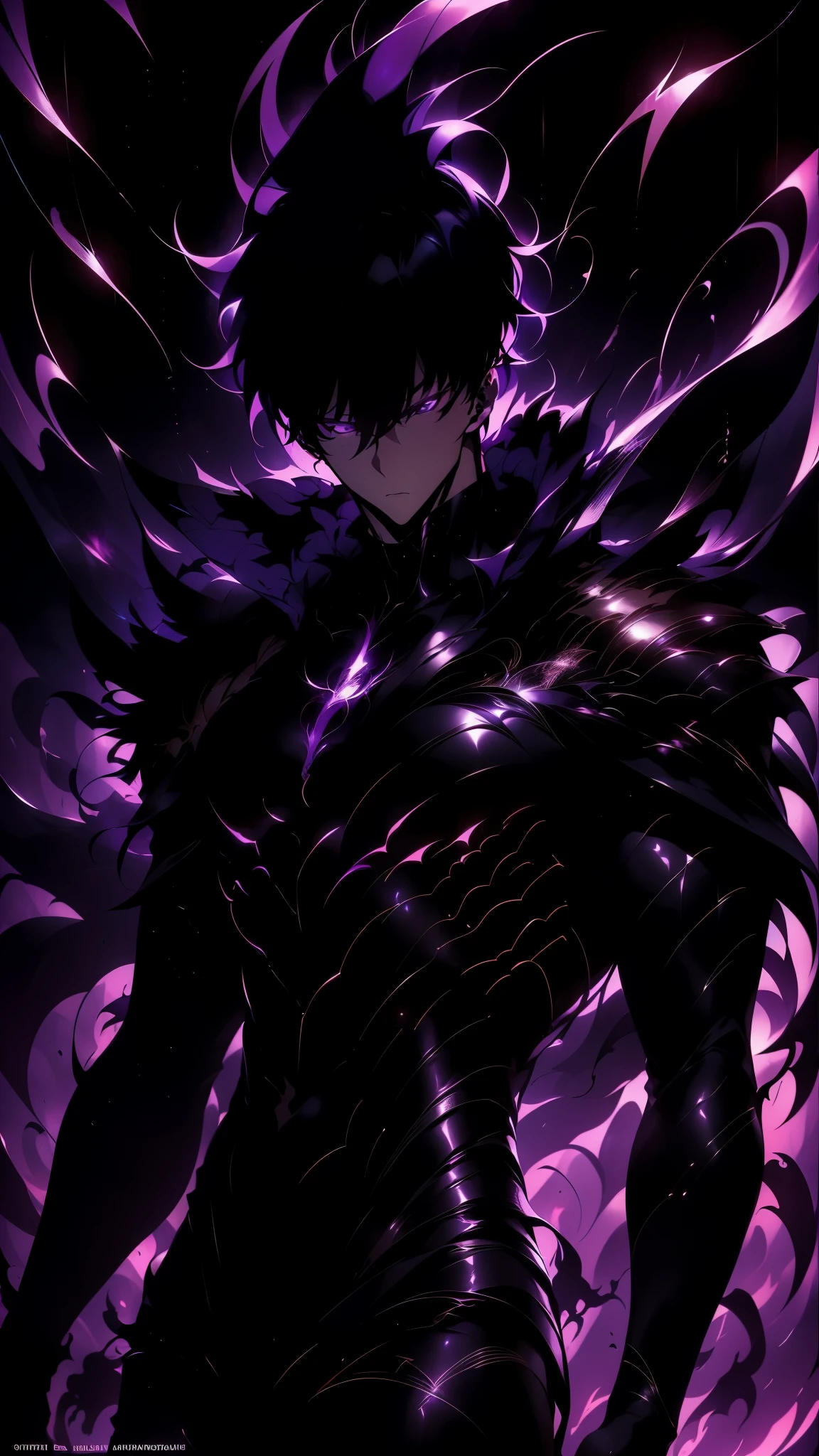 Super-detailed 8K masterpiece full-body portrait of a lone male assassin character inspired by Kaneki Ken in Tokyo Ghoul, laugh confidently, cruel, in the art style of Solo Leveling. short black hair, glowing purple eyes, pale skin , cinematic light, Strong depth of field. Black hood, rain drenched, standing alone in dark Tokyo cityscape. Hair partially covering the face, gaze attentively looking at the viewer, somber and dramatic expression. luxurious fabric motifs on clothes, ray tracing reflection, extremely sharp detail, high contrast shadow, serene atmosphere. Solitary focus, aesthetics of the core male protagonists, anime style with a modern touch, Strong.